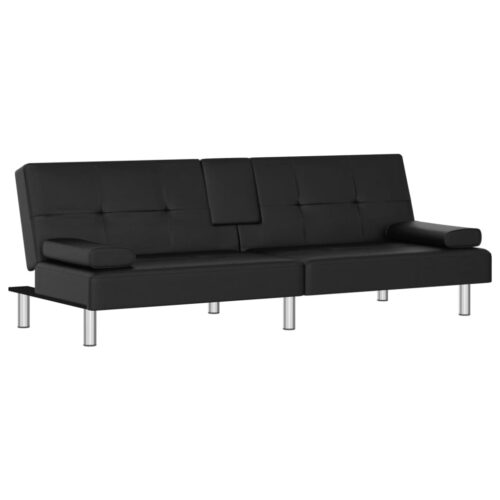 Sofa Bed with Cup Holders Black Faux Leather - Image 2