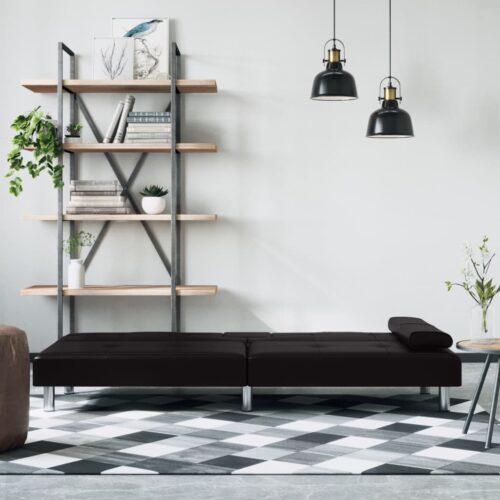 Sofa Bed with Cup Holders Black Faux Leather - Image 4