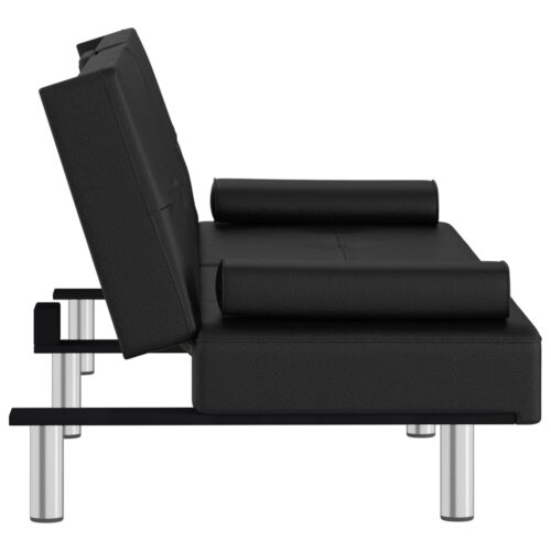 Sofa Bed with Cup Holders Black Faux Leather - Image 7