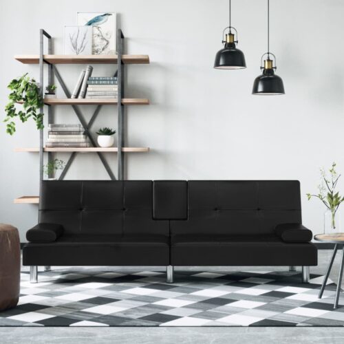 Sofa Bed with Cup Holders Black Faux Leather - Image 3