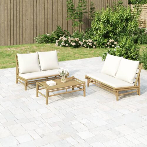 2-Piece Garden Lounge Set with Cream White Cushions Bamboo - Image 10