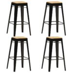 4x Bar Stools Black Solid Mango Wood Metal Kitchen Dining Chairs