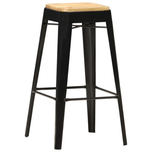 4x Bar Stools Black Solid Mango Wood Metal Kitchen Dining Chairs - Image 2