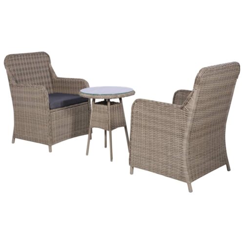 3-Piece Bistro Set with Cushions Poly Rattan Wicker Outdoor Patio Furniture Brown - Image 2