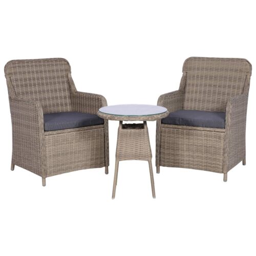 3-Piece Bistro Set with Cushions Poly Rattan Wicker Outdoor Patio Furniture Brown - Image 11