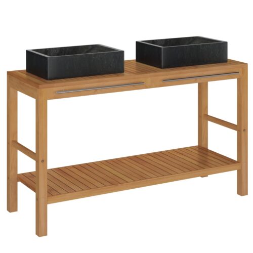 Bathroom Vanity Cabinet Solid Wood Teak with Sinks Marble Black - Image 2