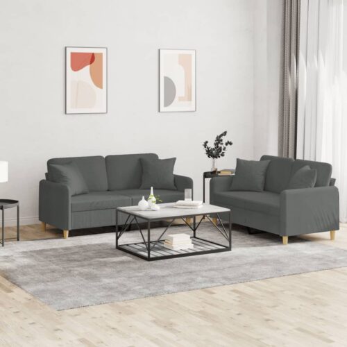 2pcs Sofa Set with Throw Cushions 5-Seater Lounge Couch Futon Fabric Dark Grey
