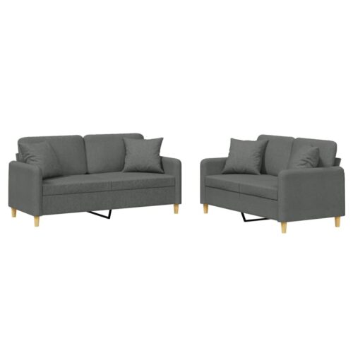 2pcs Sofa Set with Throw Cushions 5-Seater Lounge Couch Futon Fabric Dark Grey - Image 2