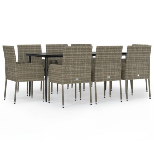 9-Piece Garden Dining Set with Cushions Black Grey Poly Rattan