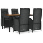5-Piece Garden Dining Set with Cushions Black Poly Rattan Wicker Outdoor Patio Furniture