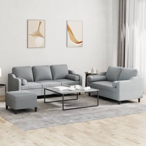 3pcs Sofa Set Ottoman Foot Stool Cushion 5-Seater Lounge Couch Futon Fabric Grey - Image 11