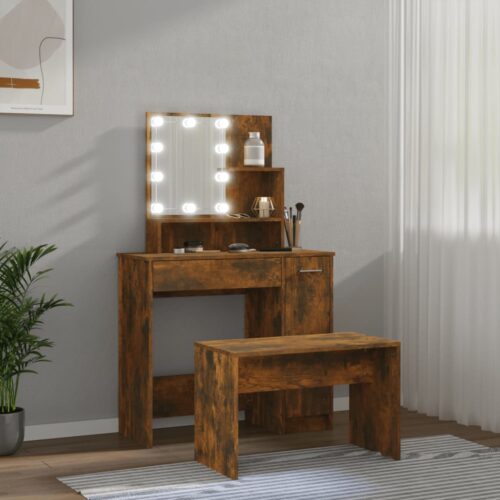 Dressing Table Set with LED Smoked Oak Engineered Wood - Image 4