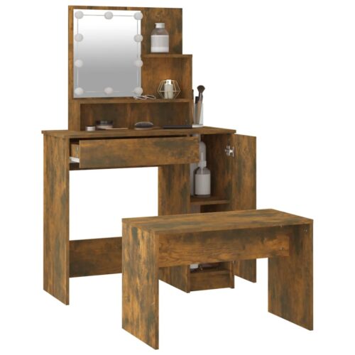Dressing Table Set with LED Smoked Oak Engineered Wood - Image 5