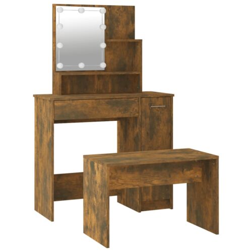 Dressing Table Set with LED Smoked Oak Engineered Wood - Image 6