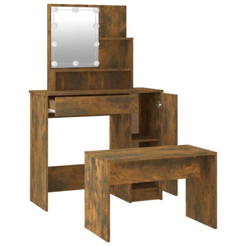Dressing Table Set with LED Smoked Oak Engineered Wood - Image 7
