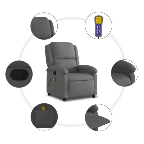 Massage Recliner Chair Grey Real Leather - Image 6