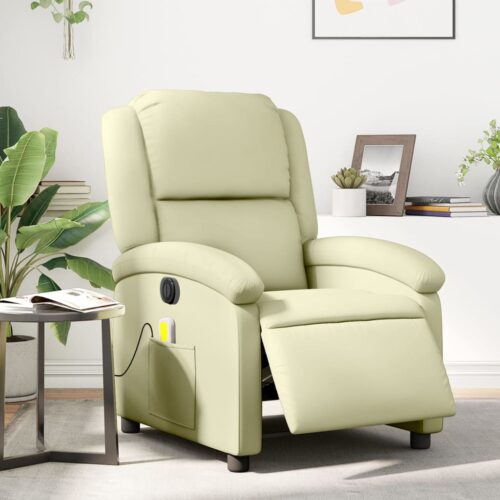 Electric Massage Recliner Chair Cream Real Leather - Image 12