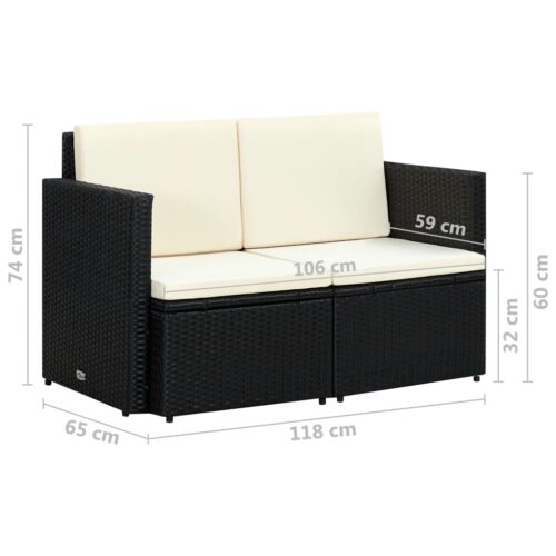 2 Seater Garden Sofa with Cushions Black Poly Rattan - Image 7