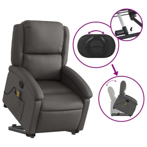 Stand up Massage Recliner Chair Grey Real Leather - Image 5