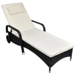 Sun Lounger with Cushion Wheels Poly Rattan Black