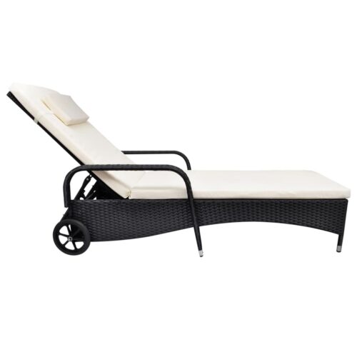 Sun Lounger with Cushion Wheels Poly Rattan Black - Image 2