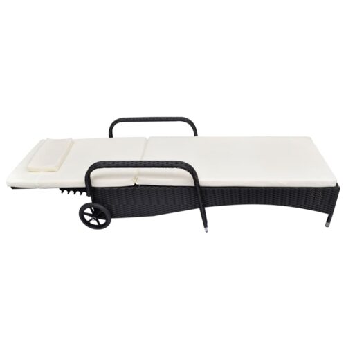 Sun Lounger with Cushion Wheels Poly Rattan Black - Image 3