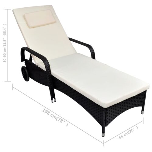 Sun Lounger with Cushion Wheels Poly Rattan Black - Image 4