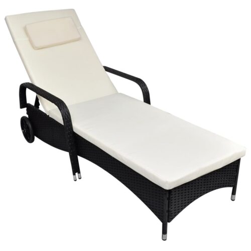 Sun Lounger with Cushion Wheels Poly Rattan Black - Image 5