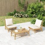 Garden Chairs 2pcs with Cream White Cushions Bamboo