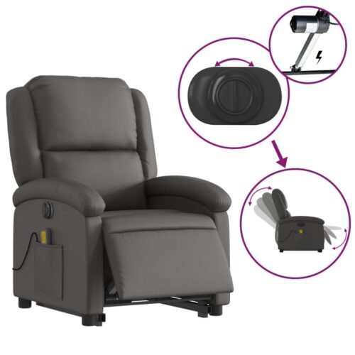 Electric Stand up Massage Recliner Chair Grey Real Leather - Image 5