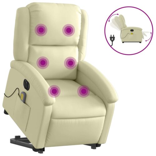 Electric Stand up Massage Recliner Chair Cream Real Leather - Image 2