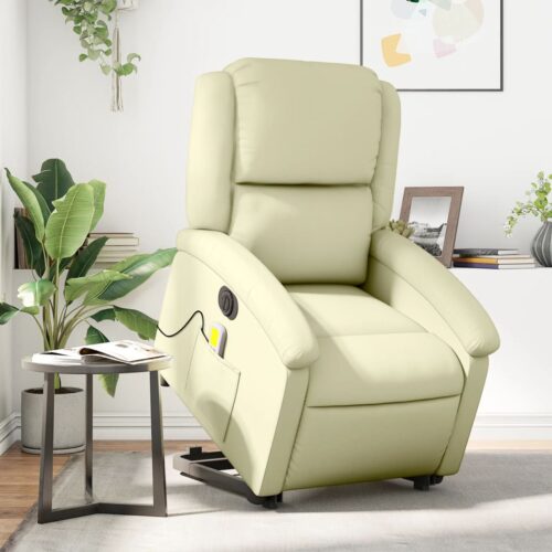 Electric Stand up Massage Recliner Chair Cream Real Leather - Image 12