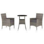 3-Piece Garden Bistro Set with Cushions Grey Poly Rattan Wicker Outdoor Patio Furniture