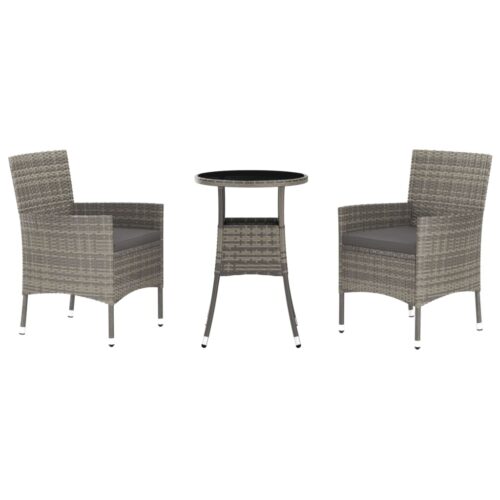 3-Piece Garden Bistro Set with Cushions Grey Poly Rattan Wicker Outdoor Patio Furniture