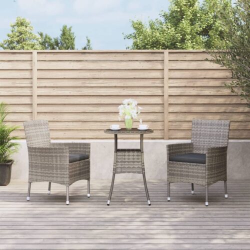 3-Piece Garden Bistro Set with Cushions Grey Poly Rattan Wicker Outdoor Patio Furniture - Image 10