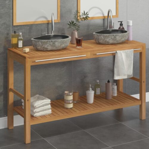 Bathroom Vanity Cabinet Solid Teak with Riverstone Sinks - Image 12