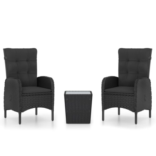 3-Piece Garden Bistro Set Poly Rattan Wicker Outdoor Patio Furniture Glass Black