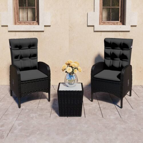 3-Piece Garden Bistro Set Poly Rattan Wicker Outdoor Patio Furniture Glass Black - Image 12