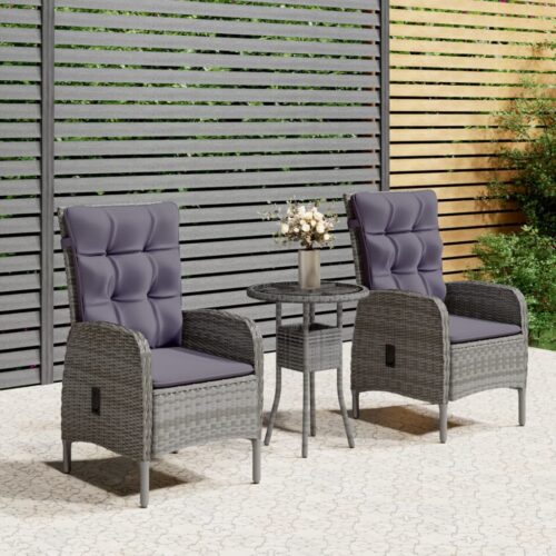 3-Piece Garden Bistro Set Poly Rattan Wicker Outdoor Patio Furniture Grey - Image 12