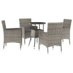 5-Piece Garden Bistro Set with Cushions Grey Poly Rattan Wicker Outdoor Patio Furniture