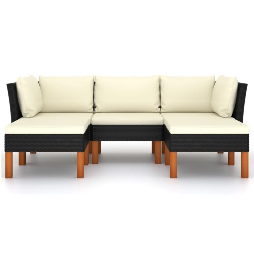 5-Piece Garden Lounge Set with Cushions Poly Rattan Wicker Outdoor Patio Furniture Black - Image 3