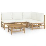 5-Piece Garden Lounge Set with Cream White Cushions Bamboo