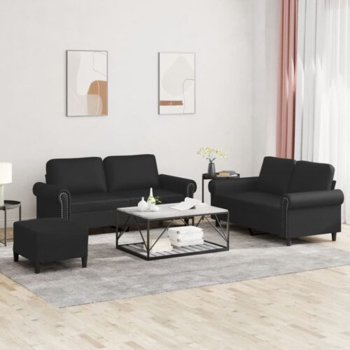 3pcs Sofa Ottoman Set 4-Seater Lounge Couch Foot Stool Chair Faux Leather Black