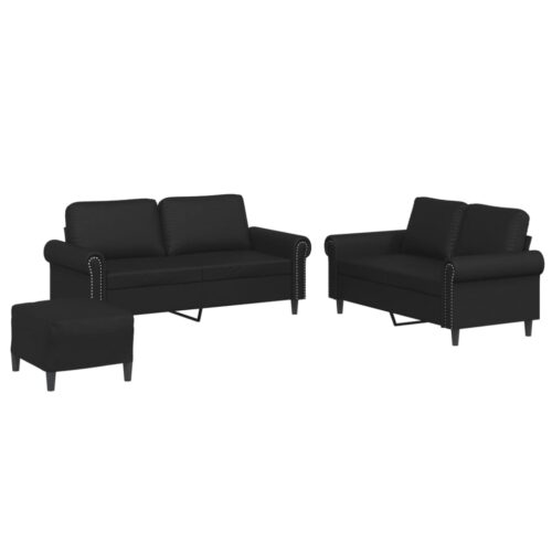 3pcs Sofa Ottoman Set 4-Seater Lounge Couch Foot Stool Chair Faux Leather Black - Image 2