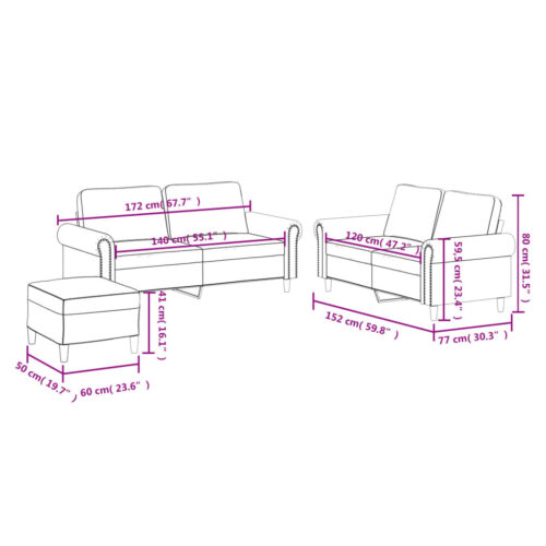 3pcs Sofa Ottoman Set 4-Seater Lounge Couch Foot Stool Chair Faux Leather Black - Image 9