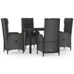 5-Piece Garden Dining Set with Cushions Black Poly Rattan Wicker Outdoor Patio Furniture
