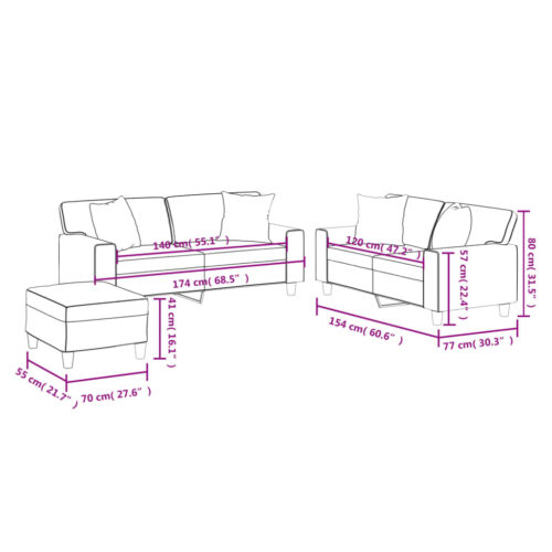 3pcs Sofa Ottoman Set with Cushions Pillow Lounge Couch Stool Faux Leather Black - Image 10