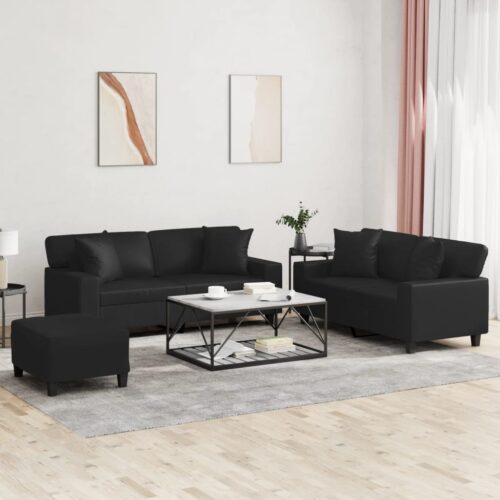 3pcs Sofa Ottoman Set with Cushions Pillow Lounge Couch Stool Faux Leather Black - Image 11