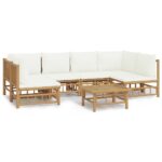 7-Piece Garden Lounge Set with Cream White Cushions Bamboo Outdoor Patio Lounge Furniture