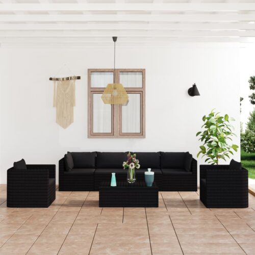 7-Piece Garden Lounge Set with Cushions Poly Rattan Wicker Outdoor Patio Furniture Black - Image 11
